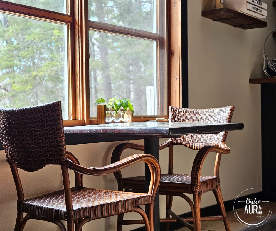 Elegant modern rustic dining space at Bistro Aura room in Bathurst NB